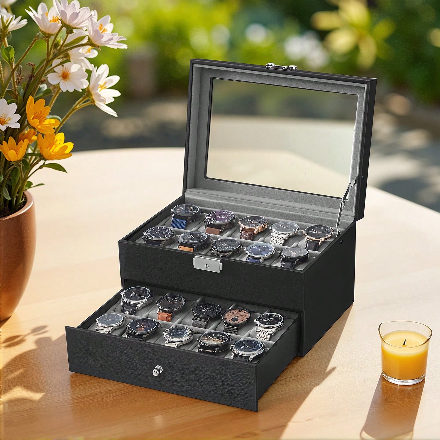 Jewelry Watches Women - 20 Bölmeli Cam Kapaklı ve Kilitli