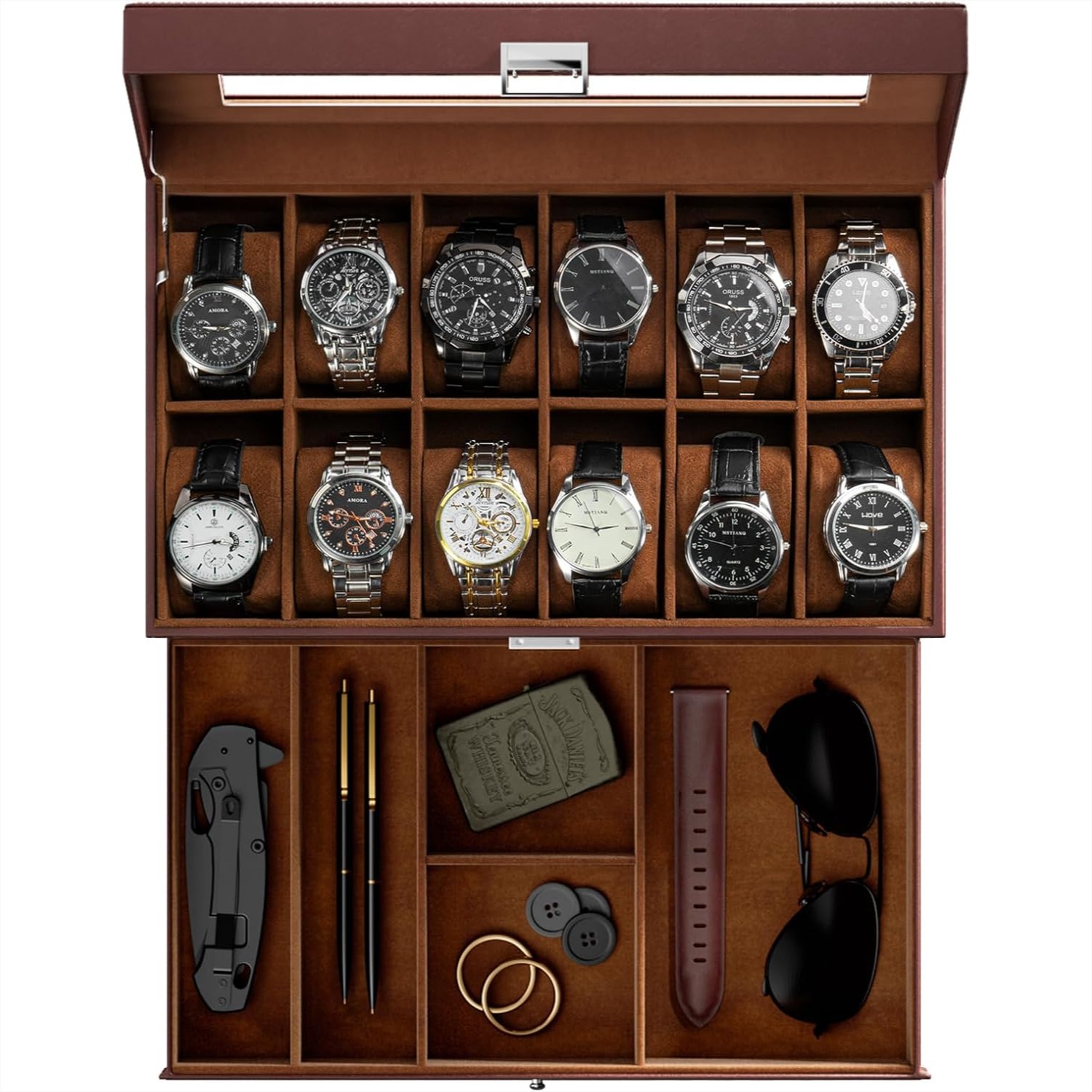 Watch Display Box - 12 Bölmeli ve Çekmeceli Saat Kutusu,