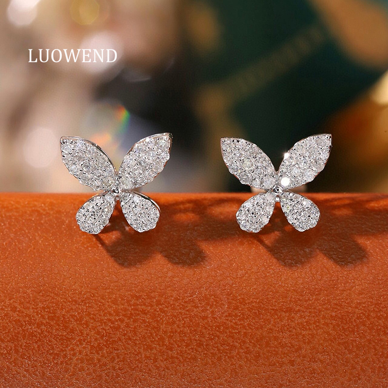 Diamond Stud Earrings - LUOWEND 100% 18K Beyaz Altın Küpe