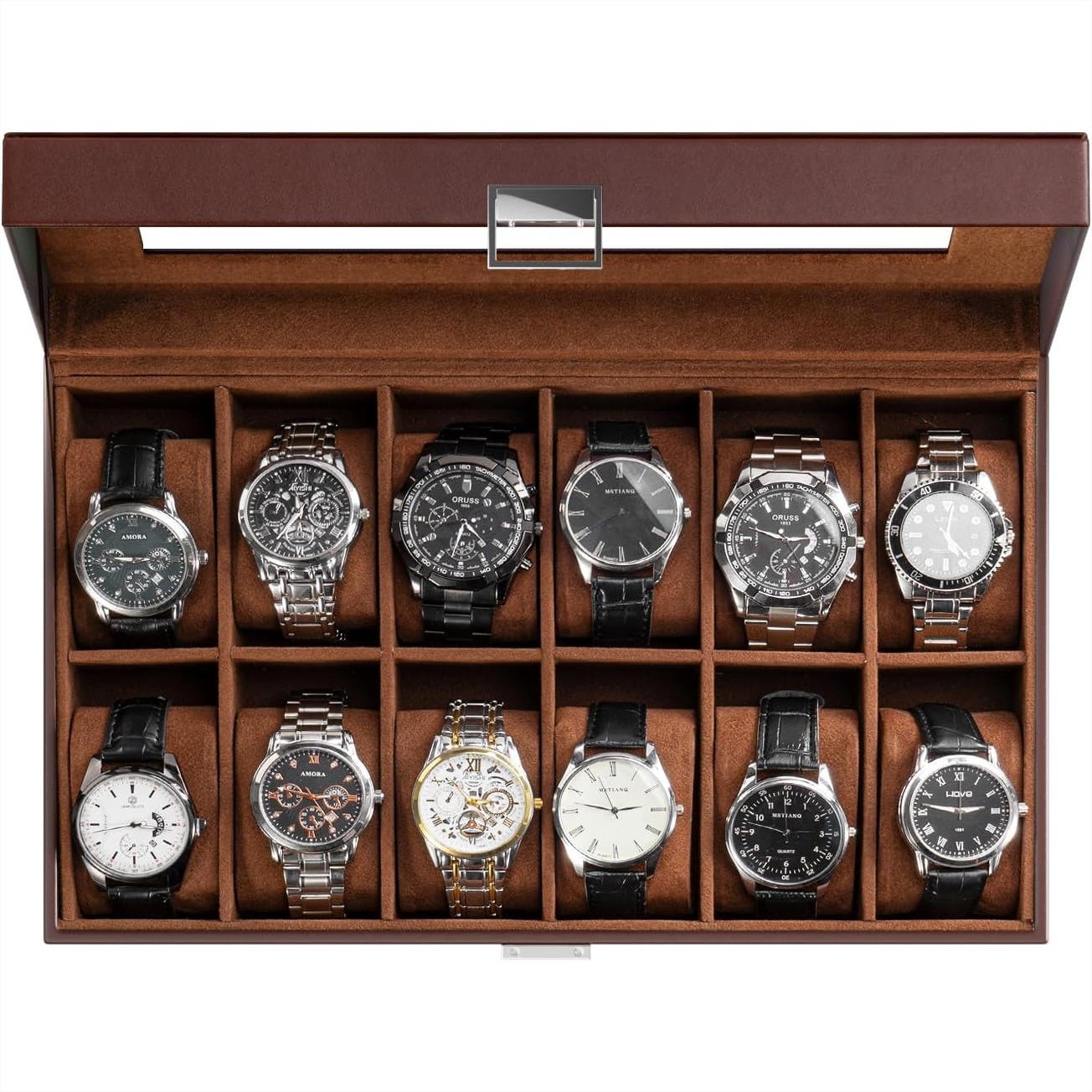 Watch Display Box - 12 Bölmeli Cam Kapaklı Saat Vitrini