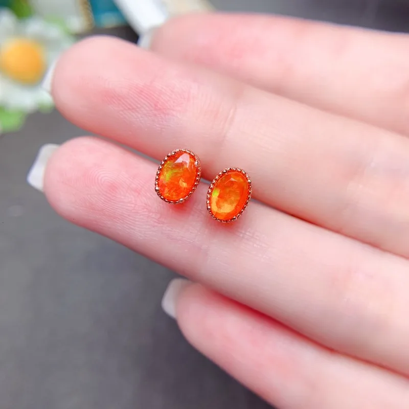 Opal Earrings Dangle - Turuncu Ateş Opal Nadir Küpe Gümüş
